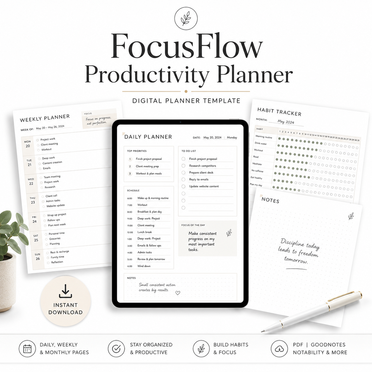 Neutral planning pages on a bright desk
